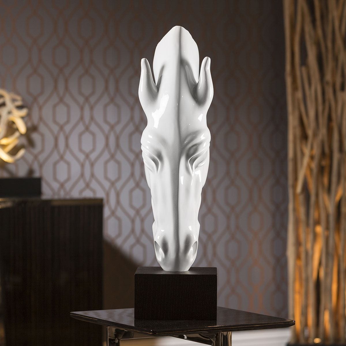 Quatropi White Horse Head Ornament Glossy Polyresin With Black Stand Christmas